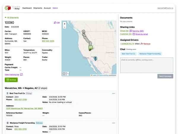 Broker's view of shipment details with route map